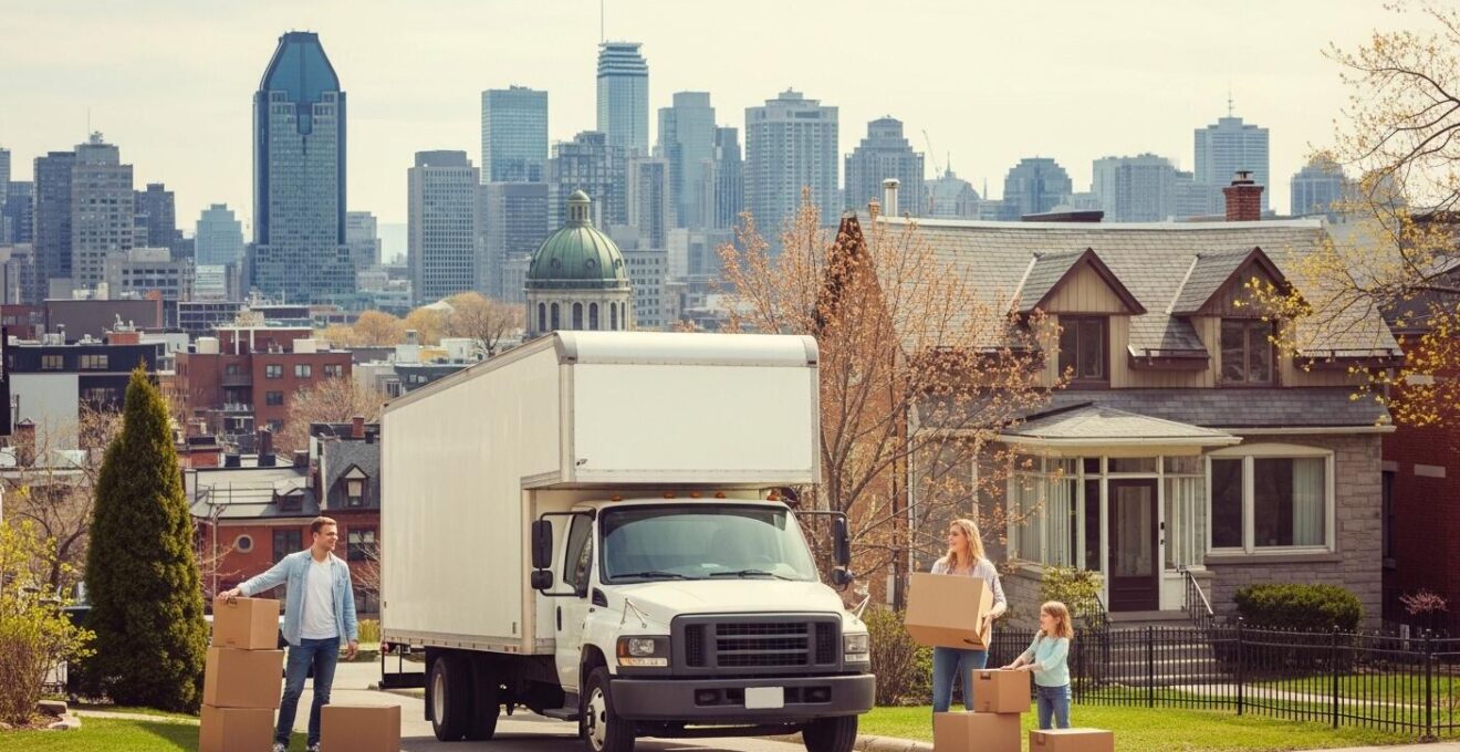 Vue panoramique de Montréal avec un camion de déménagement devant une maison et une famille souriante préparant leur déménagement