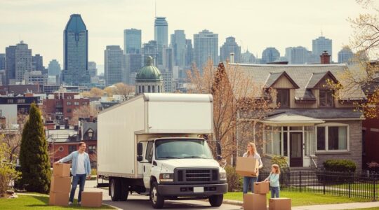 Vue panoramique de Montréal avec un camion de déménagement devant une maison et une famille souriante préparant leur déménagement