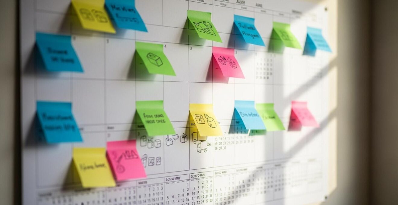 Calendrier mural avec notes de planning colorées pour un déménagement organisé mois par mois