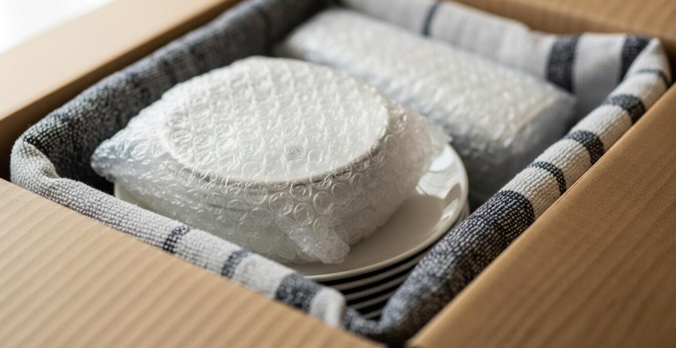 Cartons d’emballage remplis de vaisselle soigneusement calée avec du papier bulle et du linge de cuisine