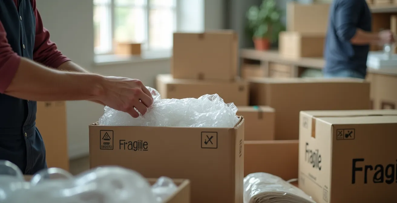 Un professionnel emballant soigneusement des objets fragiles dans des cartons avec du papier bulle et du calage dans un contexte de déménagement