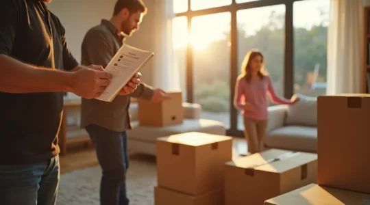 Scène de déménagement : cartons, meubles protégés, déménageur attentif sous une lumière chaleureuse, symbolisant la sécurité des biens.