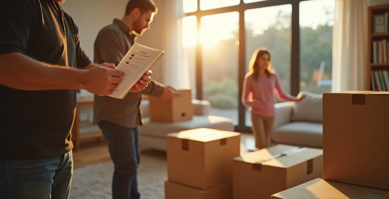 Scène de déménagement : cartons, meubles protégés, déménageur attentif sous une lumière chaleureuse, symbolisant la sécurité des biens.