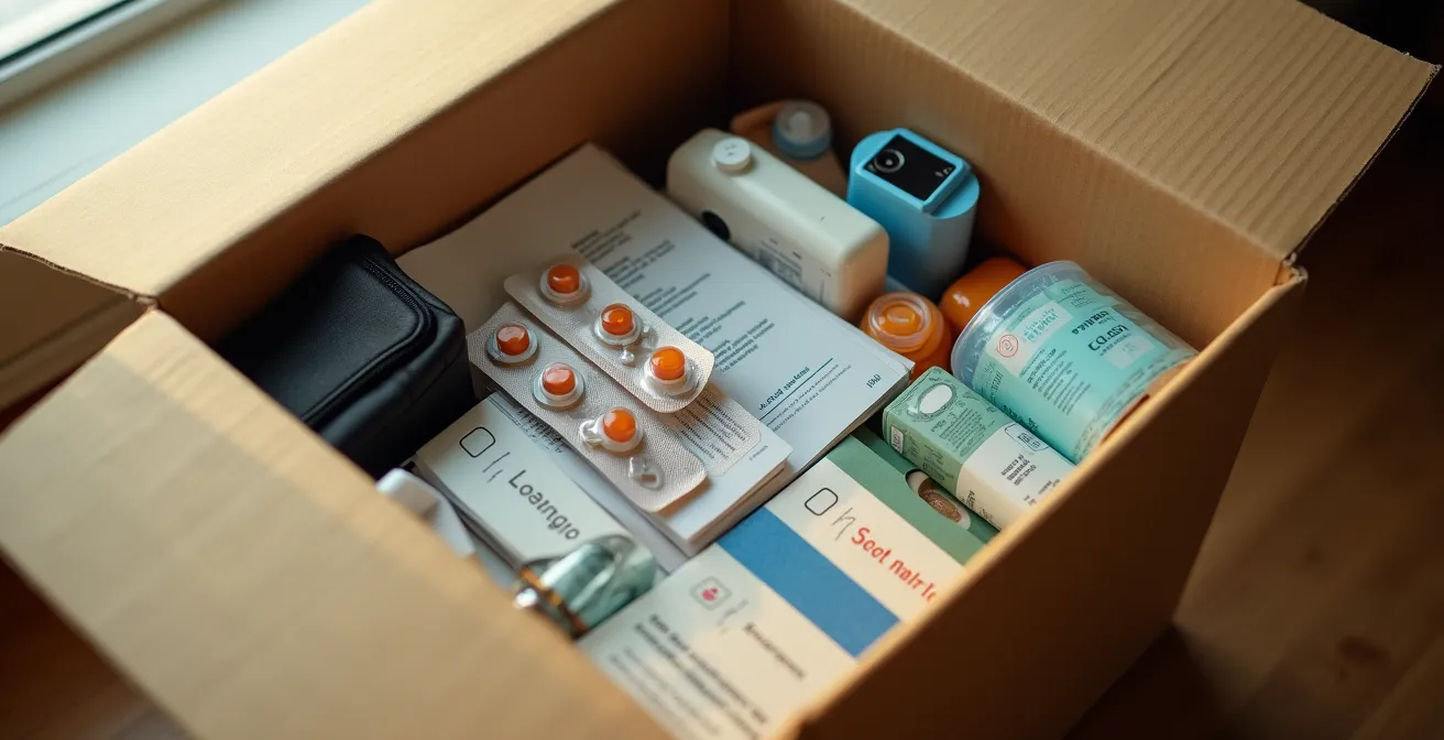 Photo d'une boîte à déménagement ouverte avec objets essentiels, vue préparée pour le jour J.