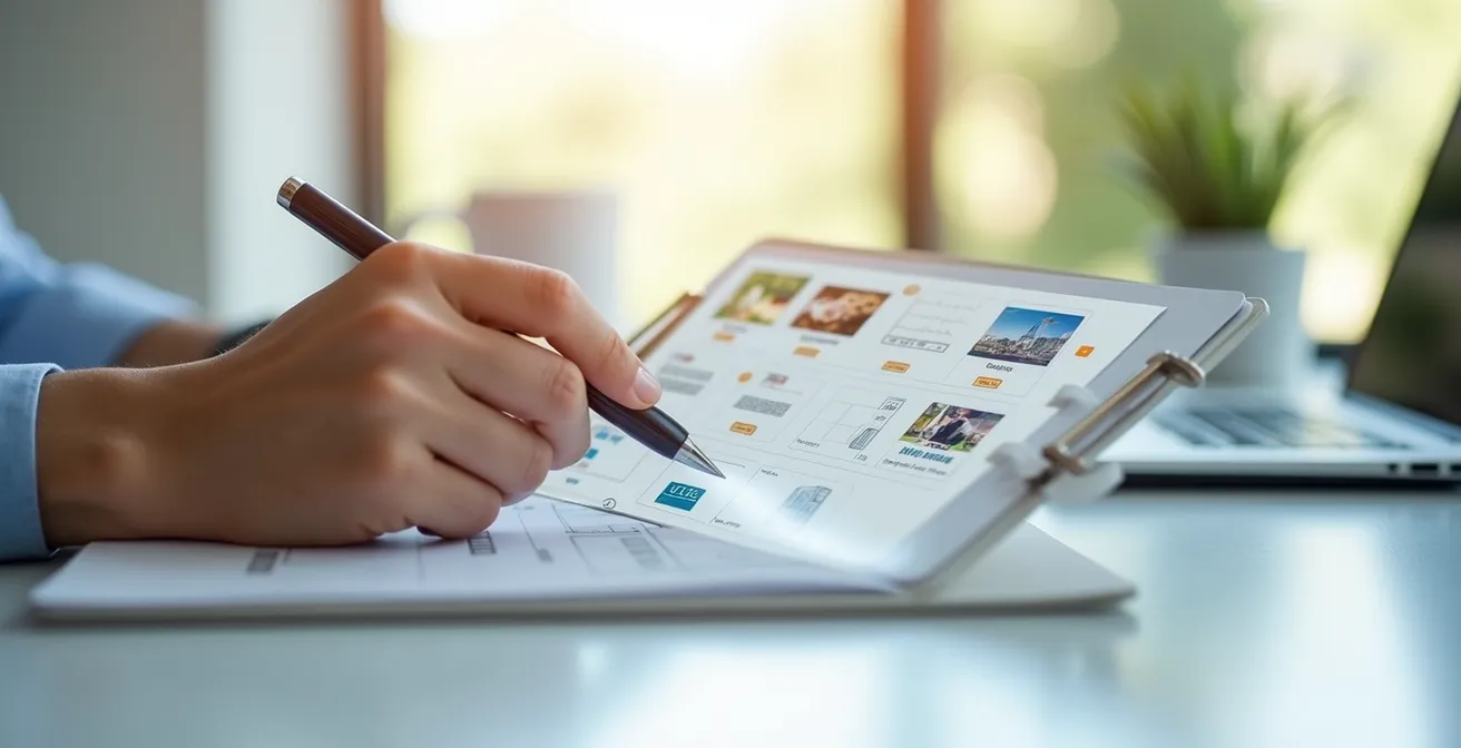 Illustration symbolique d'un cahier des charges de déménagement comprenant des photos, vidéos et section de négociation