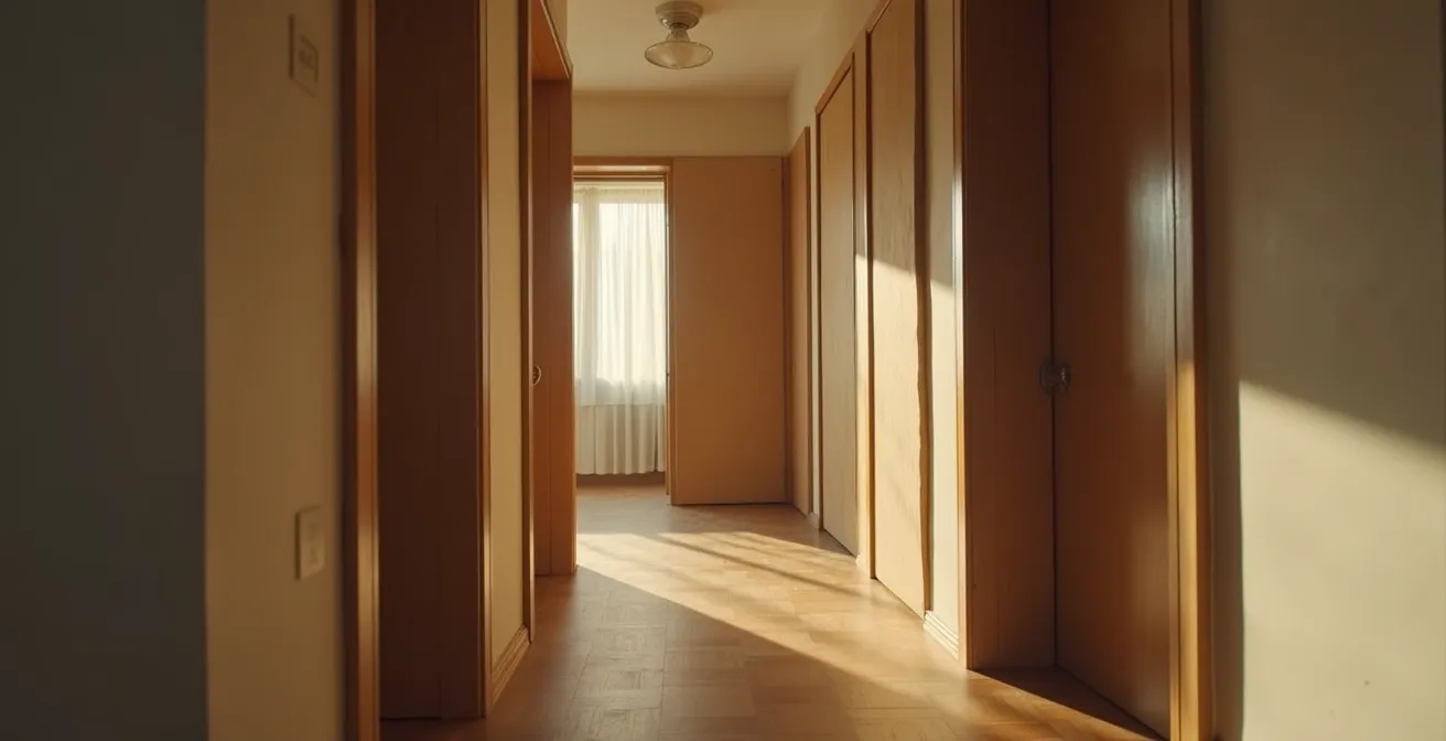 Visualisation d’un couloir et d’un cadre de porte protégés par des plaques de carton et des couvertures matelassées, illustrant la technique du capitonnage pour éviter les chocs