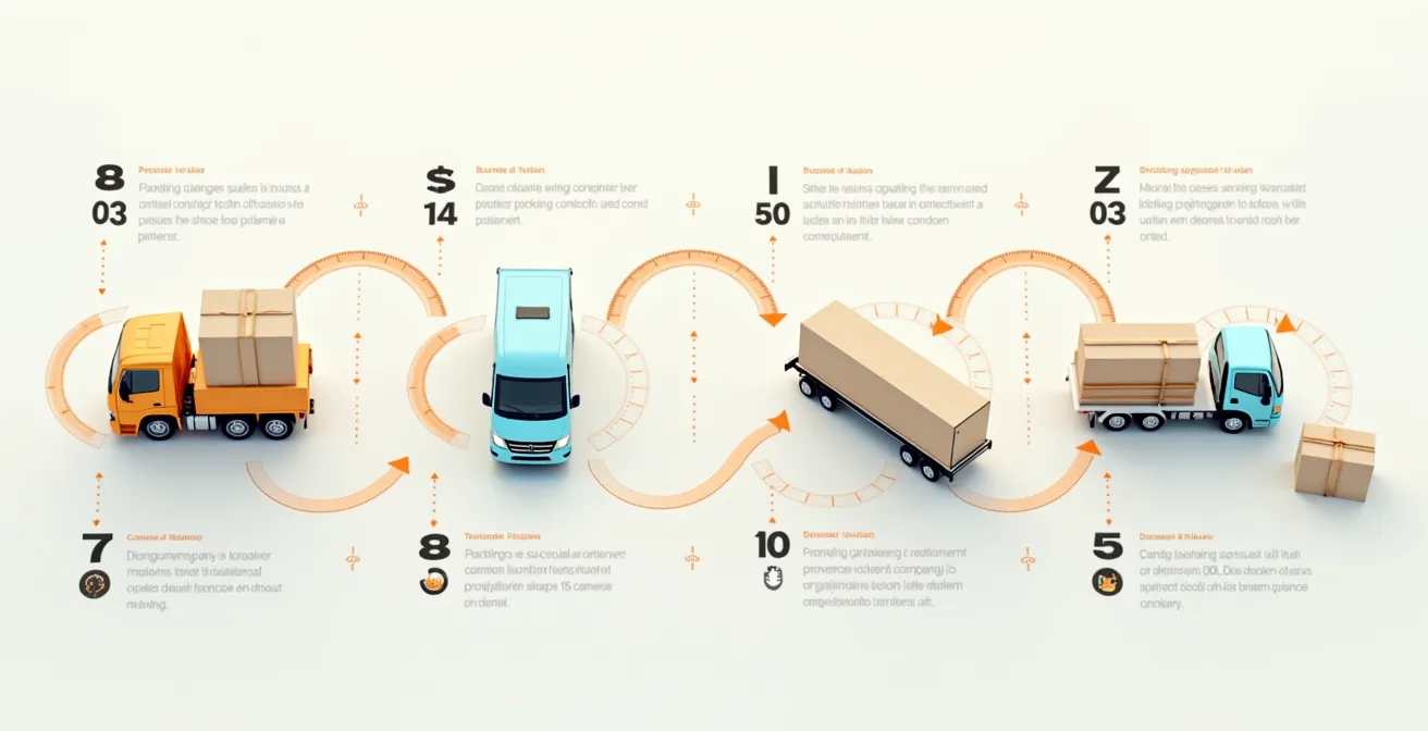 Schéma visuel montrant toutes les étapes du séquencement logistique d’un déménagement, des cartons à l’installation finale.