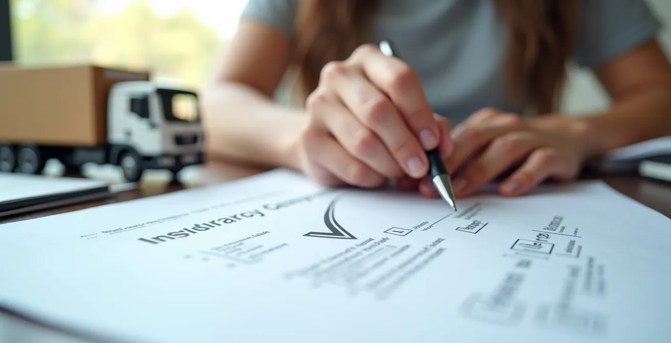Scène avec checklist en gros plan, main cochée, dossier d'assurance, camion de déménagement à l'arrière-plan.