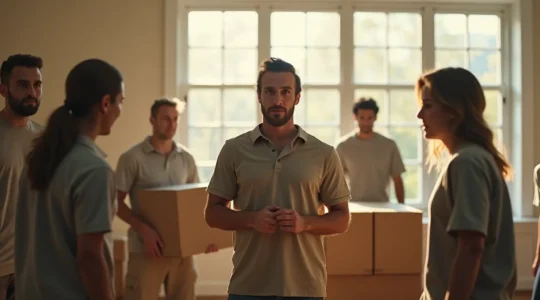 Personne orchestrant un déménagement avec une équipe diverse aidant à déplacer des cartons et meubles dans une ambiance organisée et calme