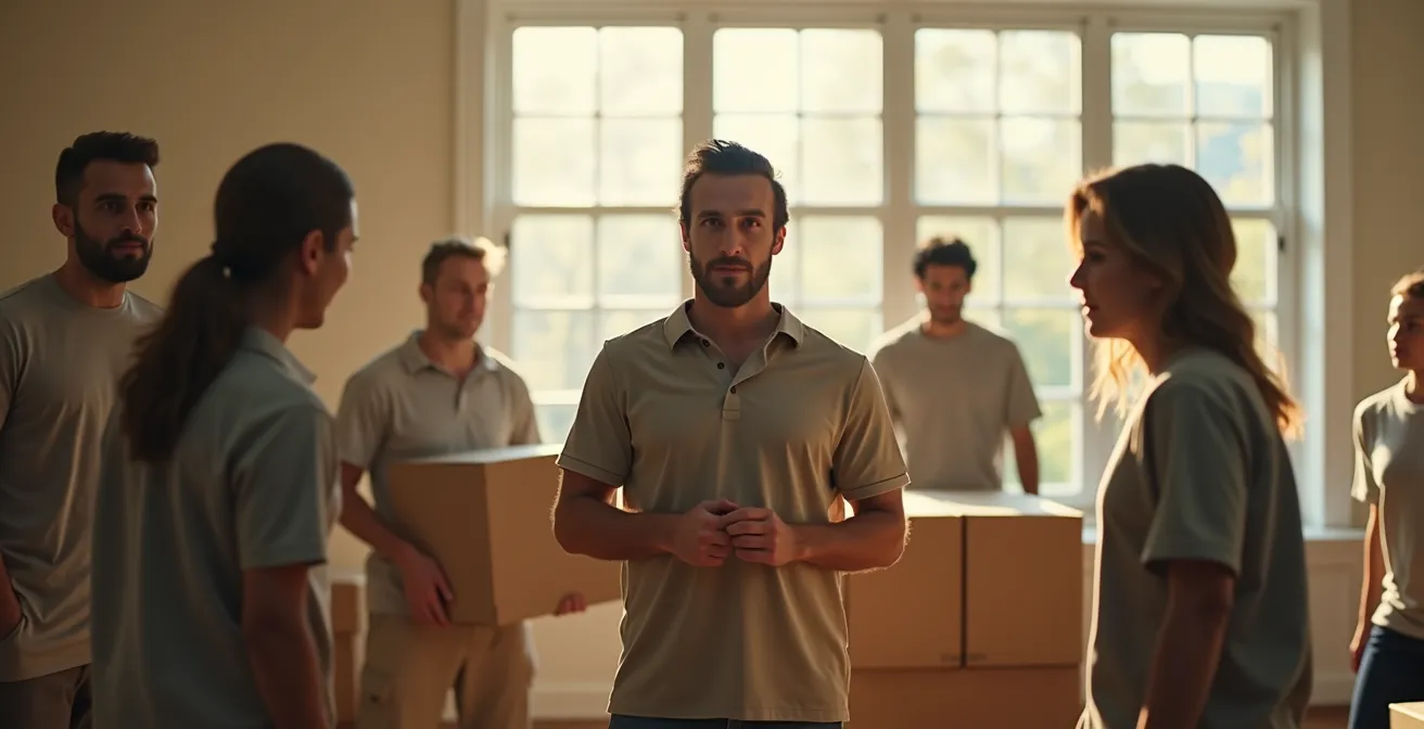 Personne orchestrant un déménagement avec une équipe diverse aidant à déplacer des cartons et meubles dans une ambiance organisée et calme