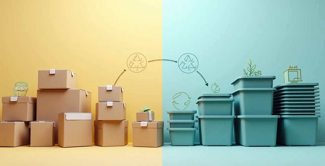 Illustration comparative entre cartons en carton et bacs en plastique lors d’un déménagement pour montrer les avantages écologiques et pratiques