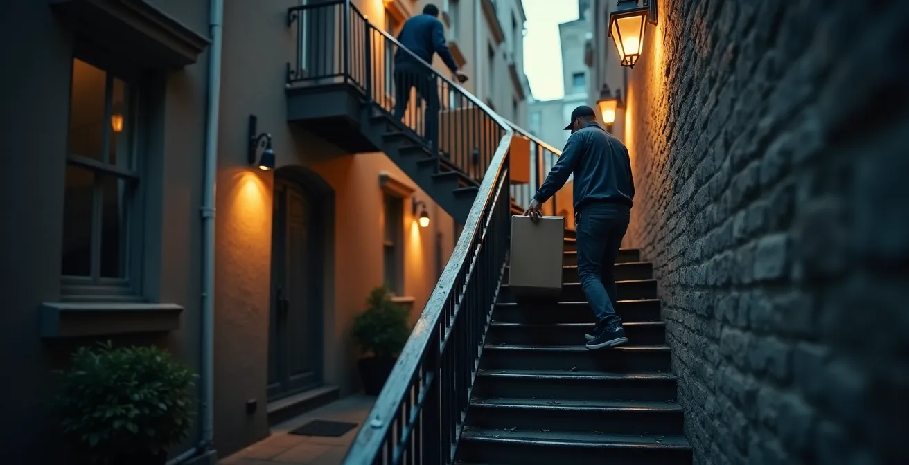Photographie réaliste illustrant un déménagement complexe avec escaliers extérieurs en colimaçon typiques de Montréal, montrant des déménageurs en action avec précaution.