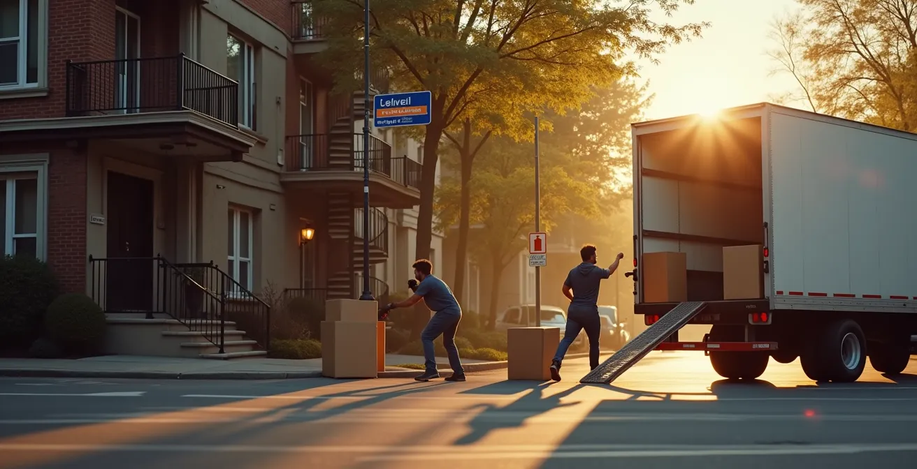 Image symbolique d'un déménagement serein à Montréal avec un camion de déménagement, des personnes souriantes et un décor urbain distinctif montréalais.