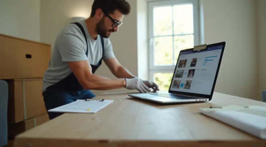 Un déménagement organisé avec des professionnels, montrant un déménageur emballant soigneusement des meubles, avec un cahier des charges et photos en arrière-plan