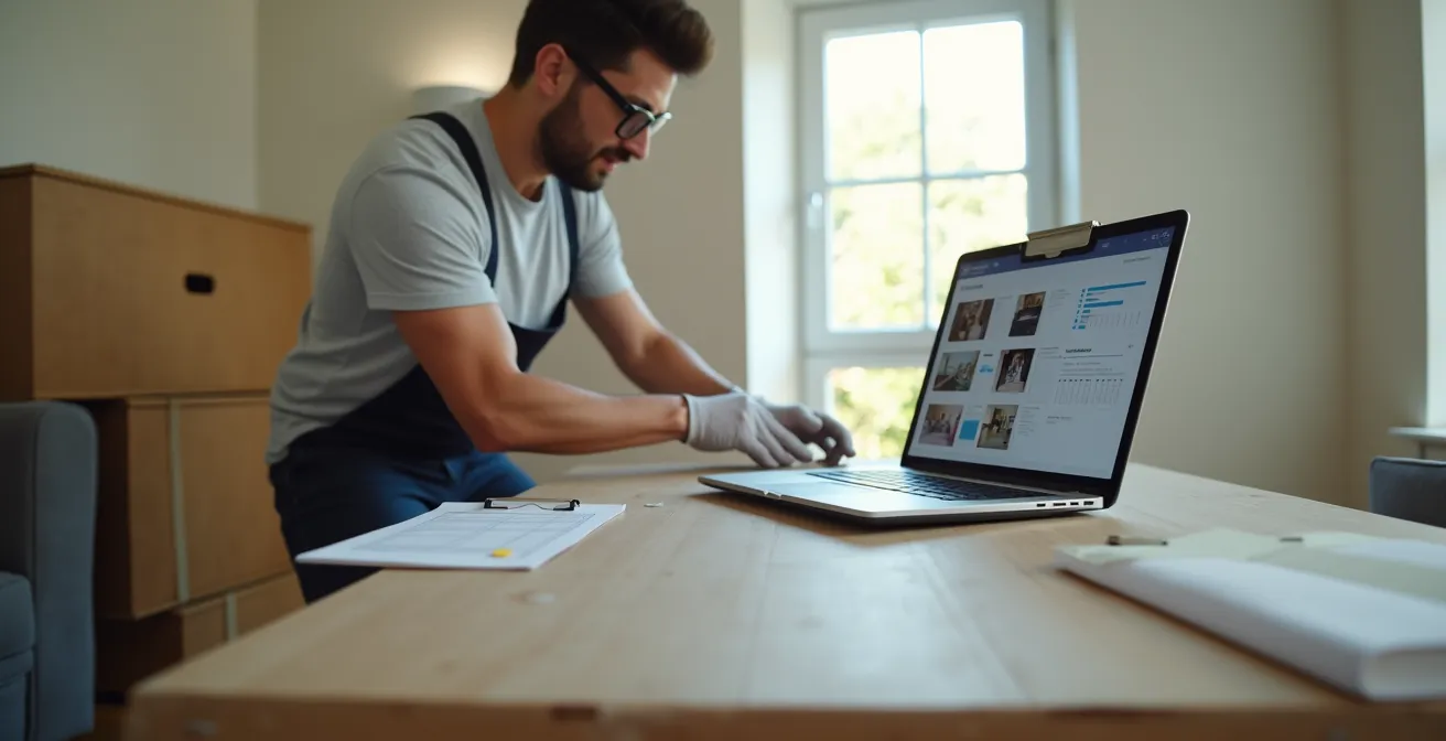 Un déménagement organisé avec des professionnels, montrant un déménageur emballant soigneusement des meubles, avec un cahier des charges et photos en arrière-plan