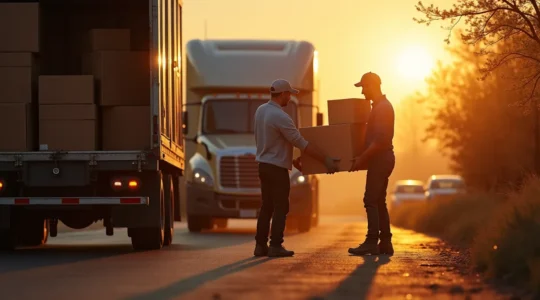Camion de déménagement avec des déménageurs en action, entouré de cartons et équipements, symbolisant les différentes formules de déménagement accessibles