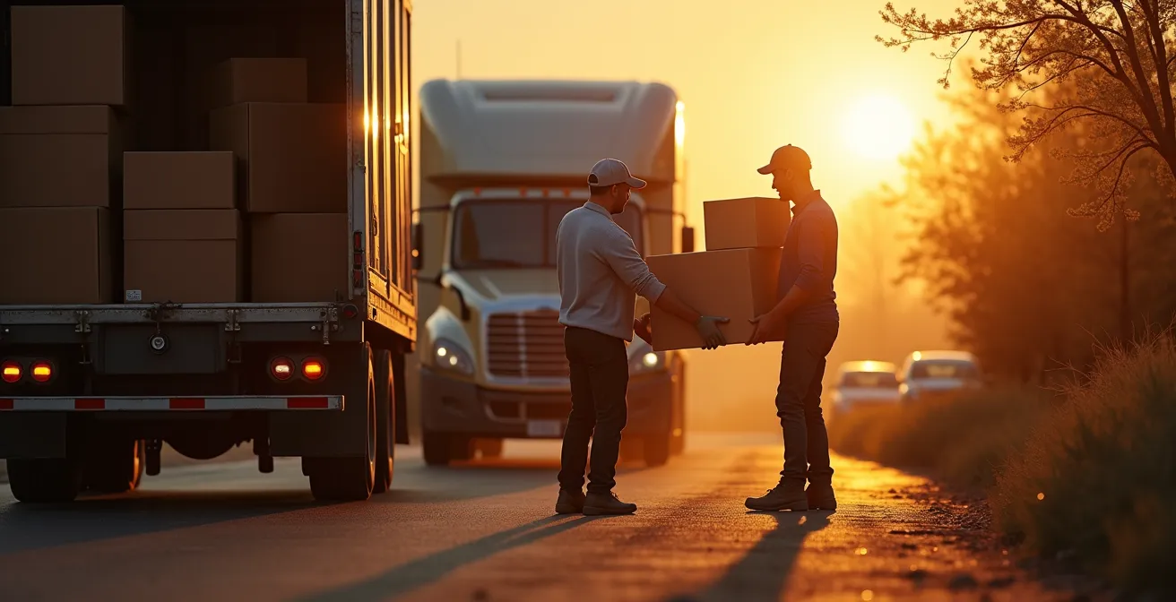 Camion de déménagement avec des déménageurs en action, entouré de cartons et équipements, symbolisant les différentes formules de déménagement accessibles