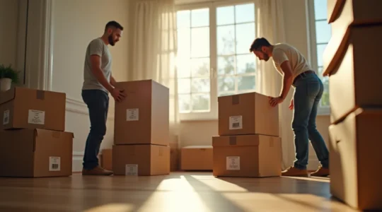 Une scène illustrant un déménagement clé en main, avec des déménageurs professionnels en action, emballant, transportant et installant des meubles dans une maison moderne.