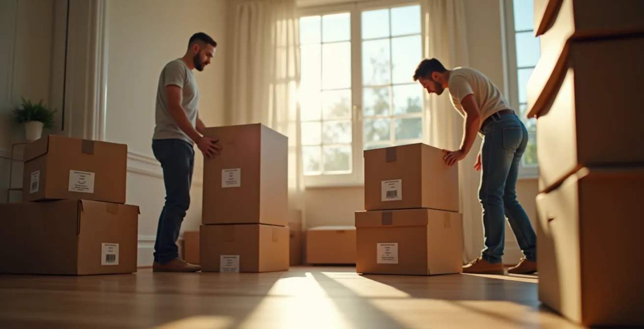 Une scène illustrant un déménagement clé en main, avec des déménageurs professionnels en action, emballant, transportant et installant des meubles dans une maison moderne.