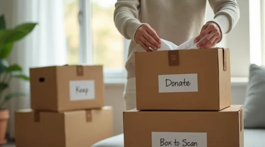 Une personne concentrée en plein tri de ses affaires avant un déménagement, entourée de boîtes clairement étiquetées, avec une ambiance lumineuse et apaisante symbolisant la sérénité et l'organisation.