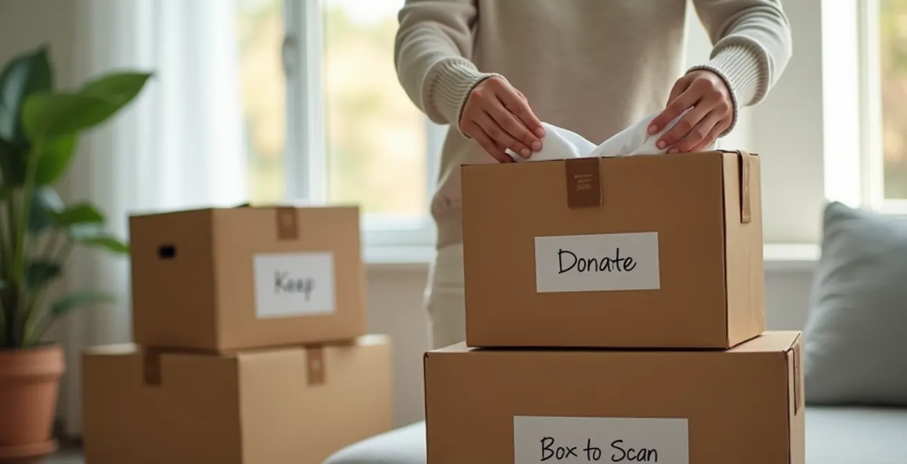 Une personne concentrée en plein tri de ses affaires avant un déménagement, entourée de boîtes clairement étiquetées, avec une ambiance lumineuse et apaisante symbolisant la sérénité et l'organisation.