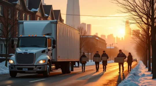 Camion de déménagement avec vue panoramique de Montréal en arrière-plan, illustrant un déménagement local réussi.
