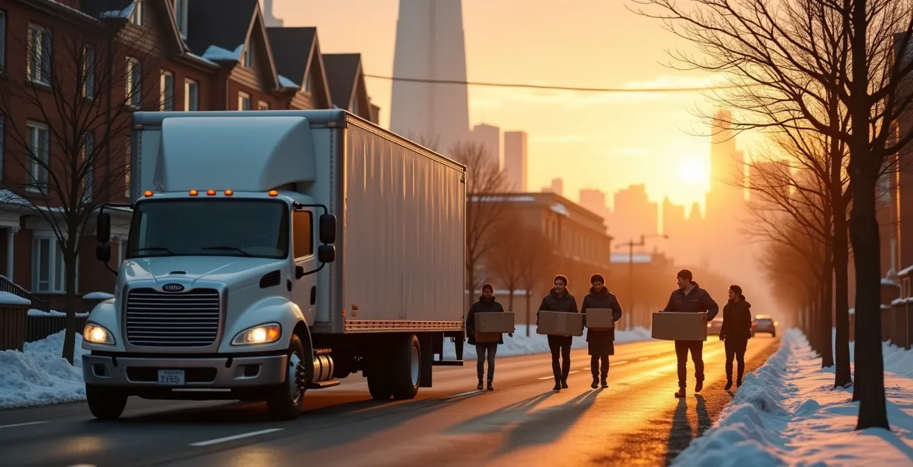 Camion de déménagement avec vue panoramique de Montréal en arrière-plan, illustrant un déménagement local réussi.