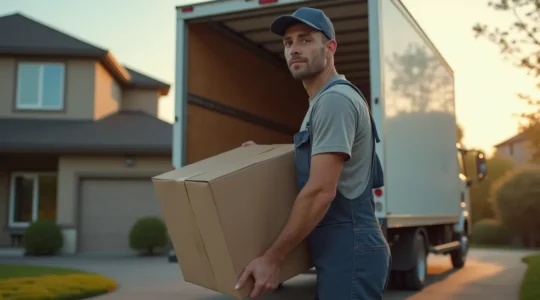 Un déménageur professionnel en action chargeant soigneusement un camion de déménagement devant une maison, symbole de confiance et professionnalisme