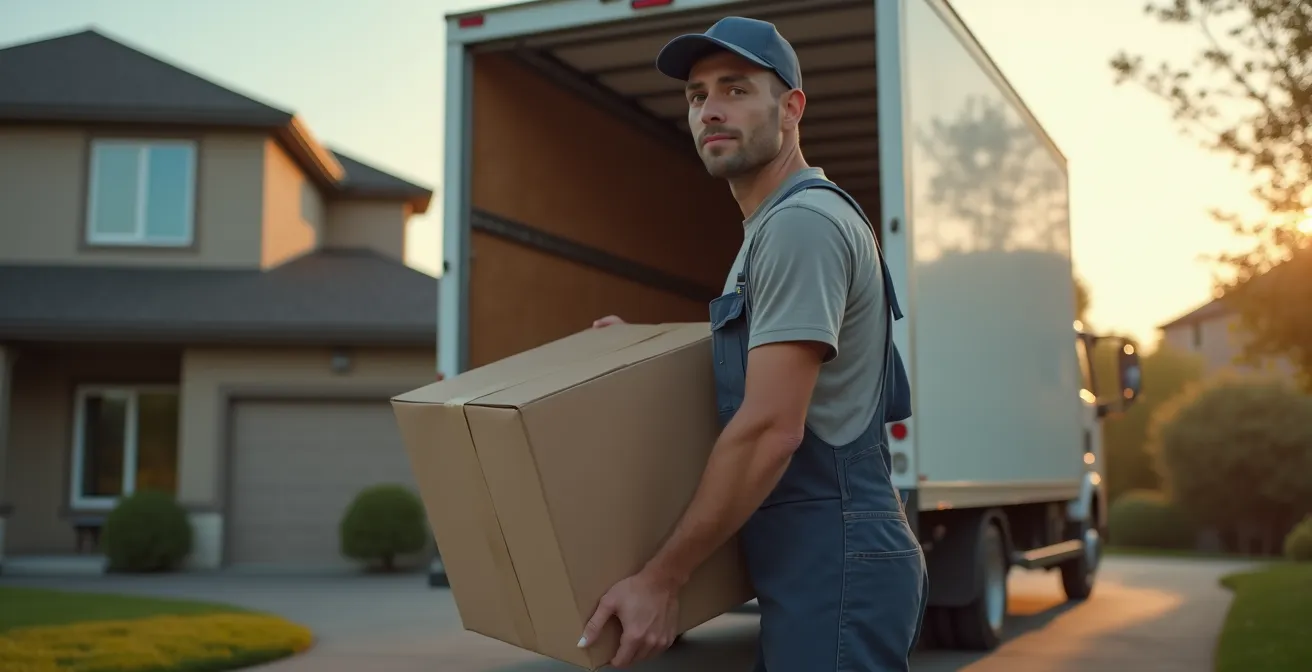 Un déménageur professionnel en action chargeant soigneusement un camion de déménagement devant une maison, symbole de confiance et professionnalisme