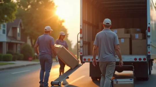 Équipe de déménageurs professionnels en train de charger un camion de déménagement avec rigueur et équipement adapté