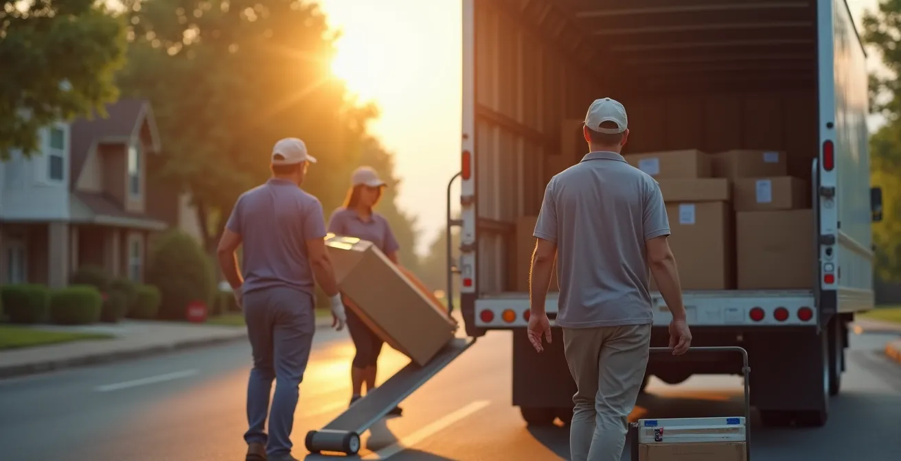 Équipe de déménageurs professionnels en train de charger un camion de déménagement avec rigueur et équipement adapté