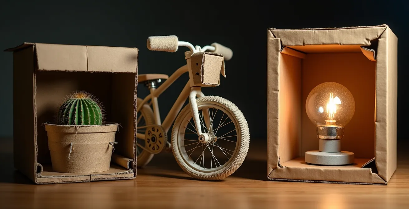 Technique de protection sur-mesure d’objets atypiques comme lampadaire, cactus et vélo avec exosquelette carton et calages innovants