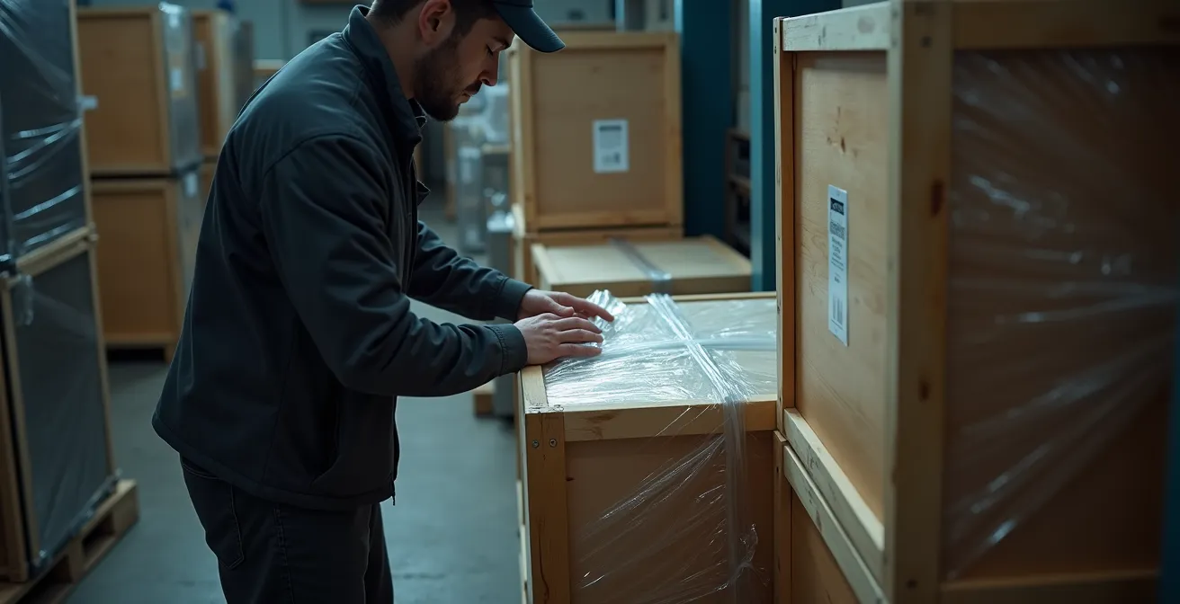 Déménageur professionnel emballant soigneusement des objets fragiles avec des matériaux spécialisés dans un camion de déménagement.