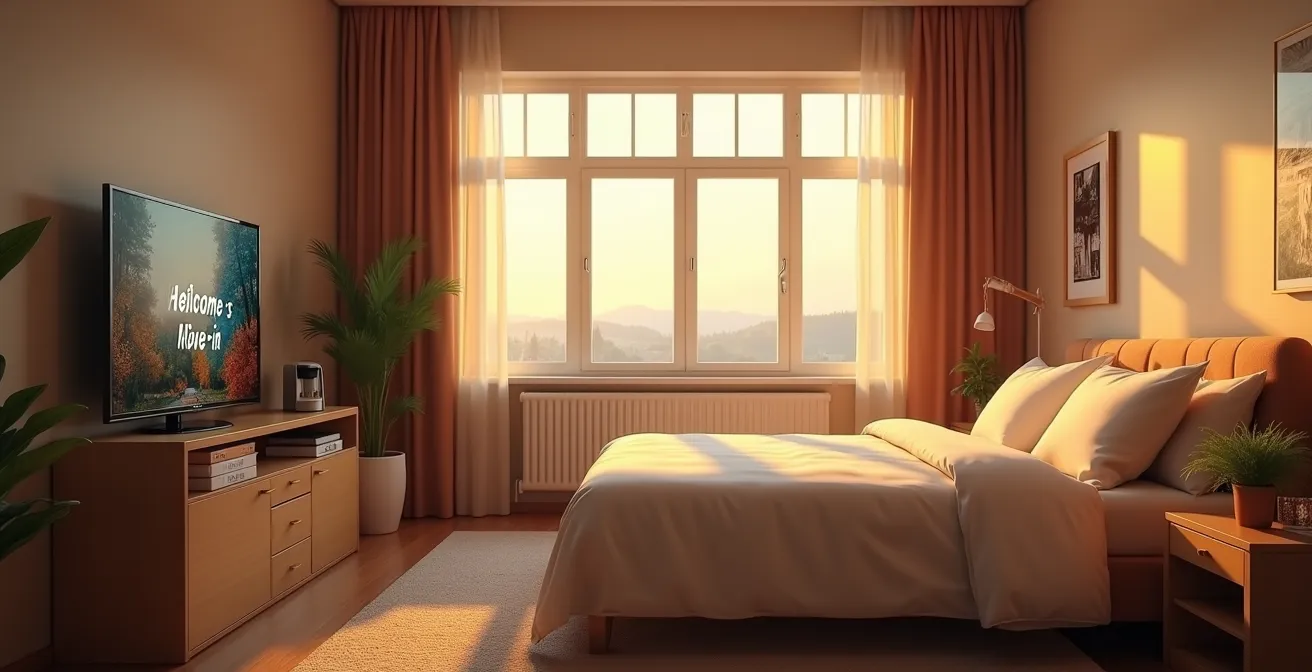 Un intérieur de salon moderne après un déménagement clé en main, avec un lit monté, télévision allumée et une cuisine fonctionnelle visible.