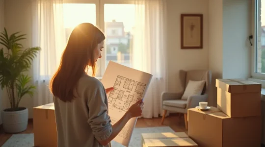 Personne réfléchissant avec un plan architectural et des cartons de déménagement dans un intérieur lumineux