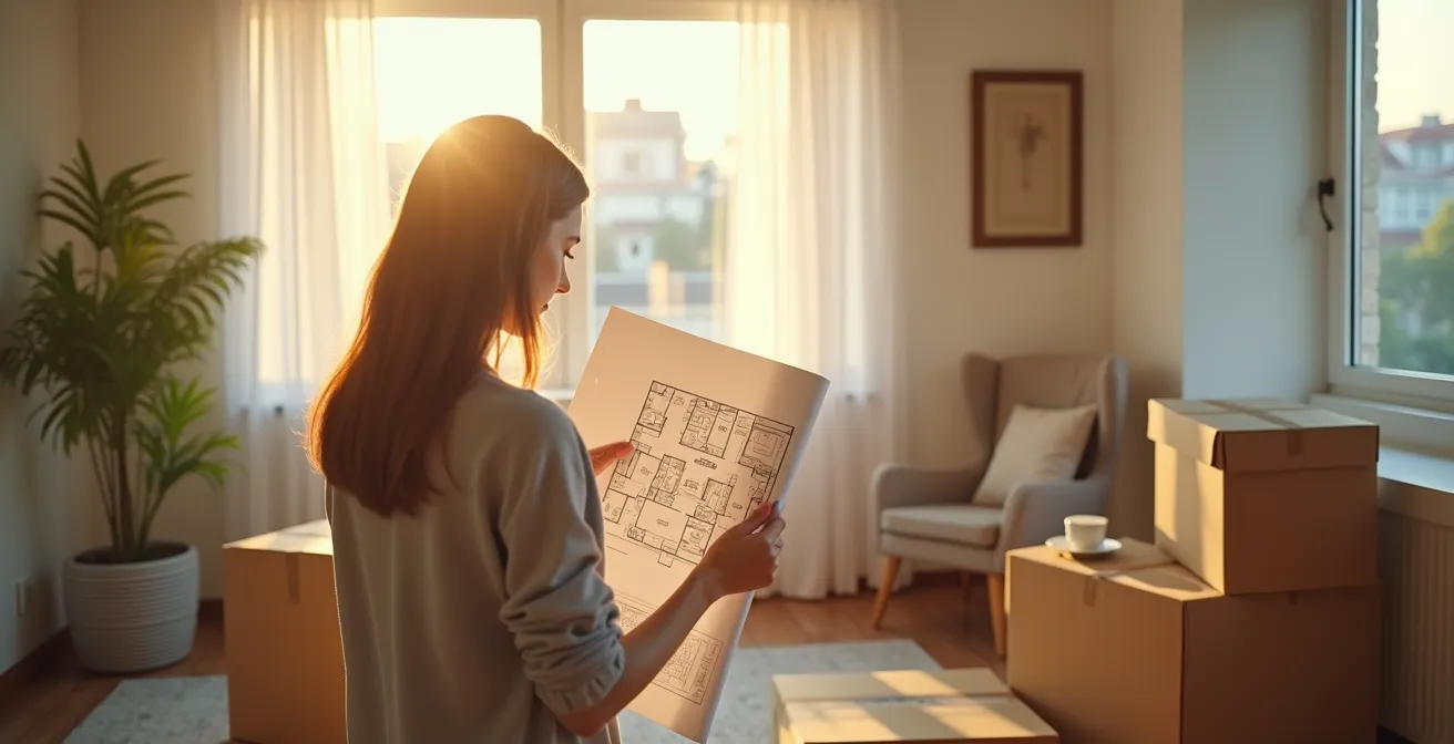 Personne réfléchissant avec un plan architectural et des cartons de déménagement dans un intérieur lumineux
