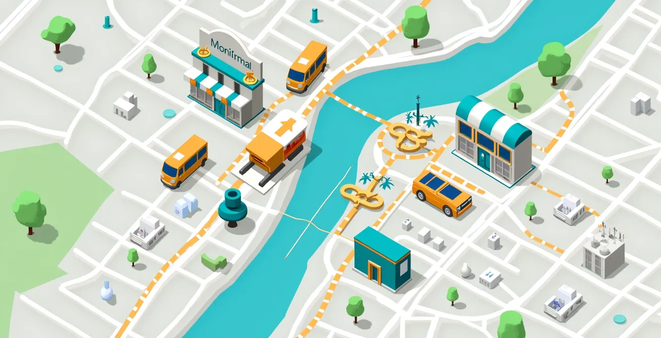 Carte stylisée montrant diverses adresses pour donner, vendre, recycler des objets à Montréal, avec icônes représentant différents types de lieux (boutiques caritatives, points de collecte, services à domicile).