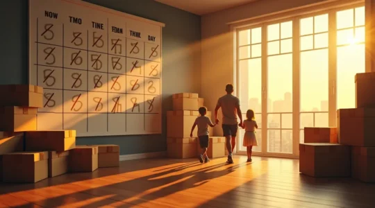 Illustration représentant un compte à rebours symbolique et un calendrier mural stylisé, avec cartons et éléments de déménagement pour illustrer la planification du déménagement.