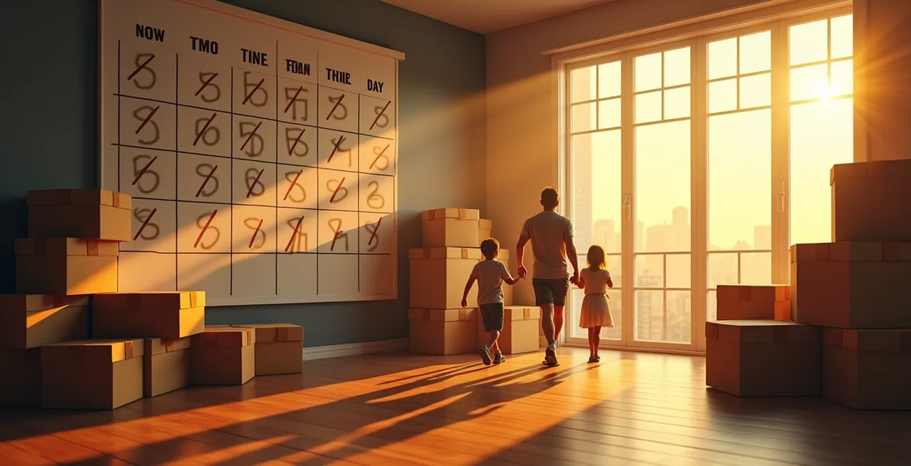 Illustration représentant un compte à rebours symbolique et un calendrier mural stylisé, avec cartons et éléments de déménagement pour illustrer la planification du déménagement.