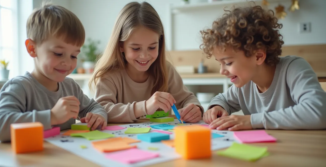 Enfants et parents réalisant l'inventaire du déménagement tout en s'amusant, ambiance dynamique et ludique.