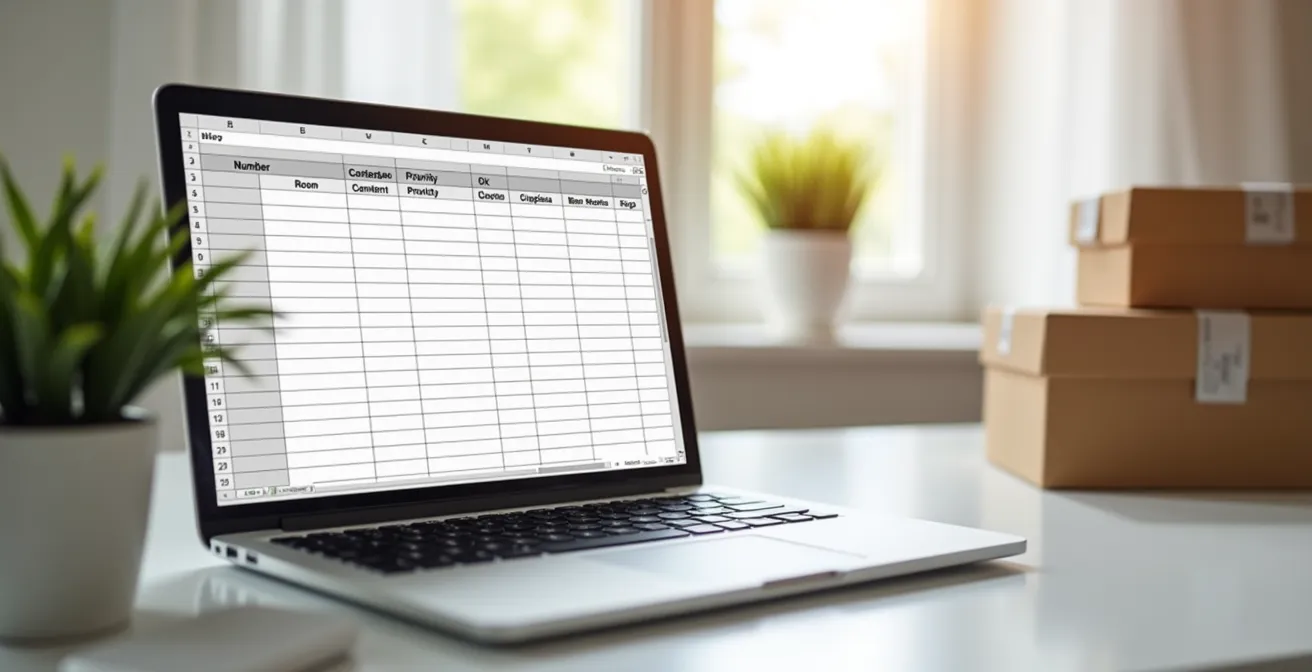Visuel illustrant un modèle d'inventaire numérique pour déménagement avec listes, colonnes et icônes simples