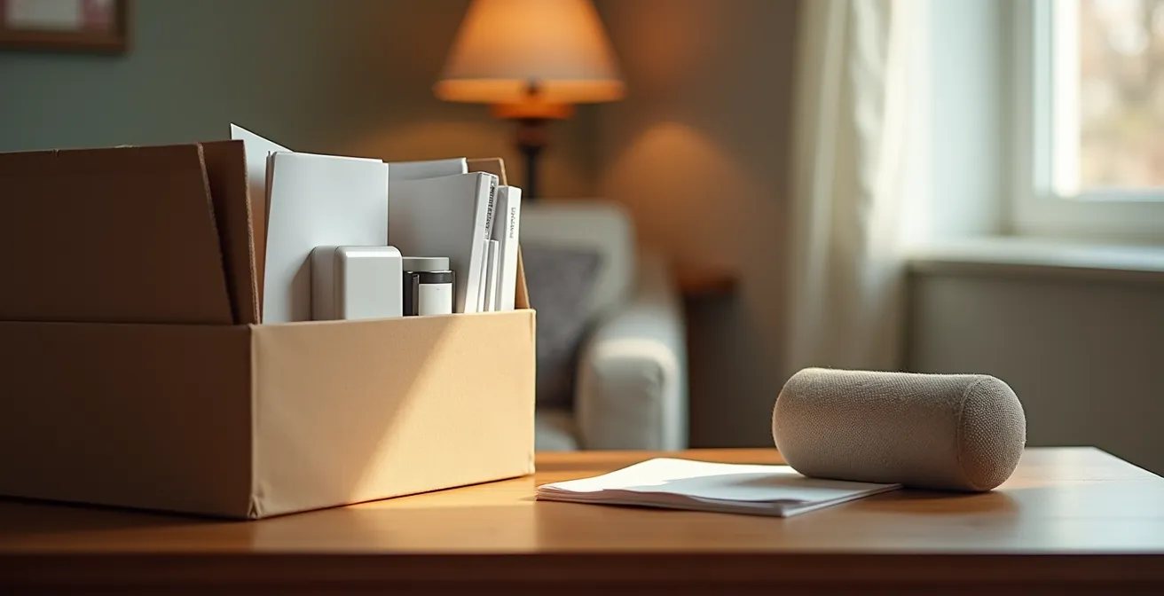 Image sobre et claire d’un kit de survie pour les premières 24 heures après un déménagement, avec des objets essentiels comme chargeurs, café, documents et petite enceinte.