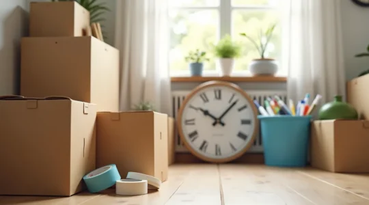 Image illustrant un déménagement optimisé avec du matériel de déménagement bien organisé, des cartons empilés, et une horloge symbolisant le bon moment