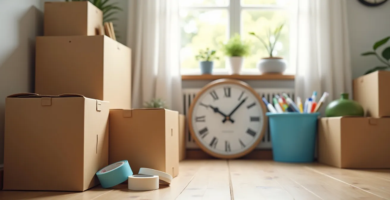 Image illustrant un déménagement optimisé avec du matériel de déménagement bien organisé, des cartons empilés, et une horloge symbolisant le bon moment
