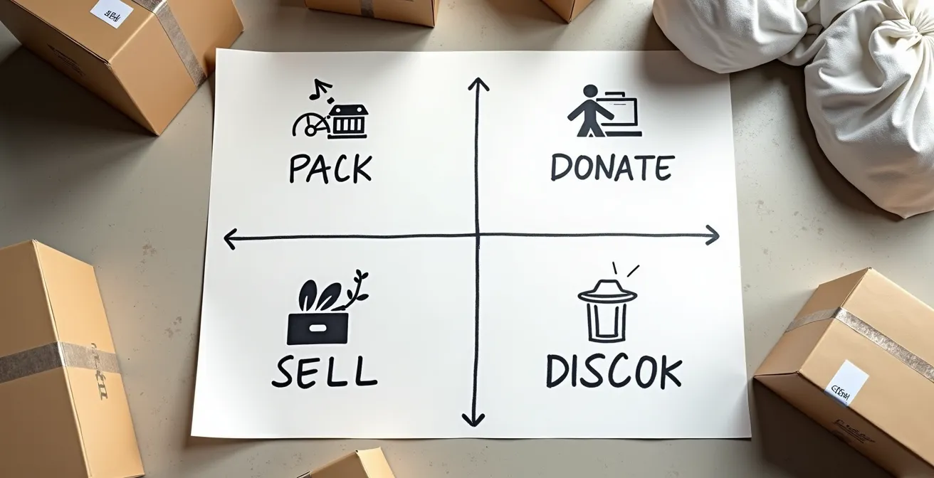 Illustration d'une matrice de triage pour un déménagement rapide : objets à emballer, vendre, donner, jeter.