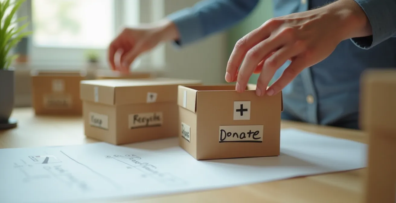 Personne organisant des boîtes de tri étiquetées pour un déménagement, avec une liste de contrôle visible sur une table, lumière douce et ambiance calme.