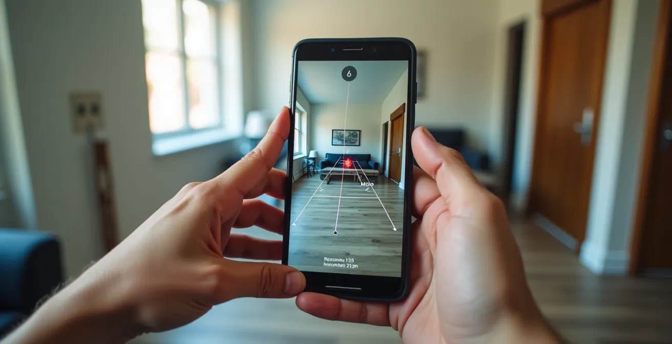 Personne utilisant une application mobile de scan laser pour récupérer les plans d’un appartement