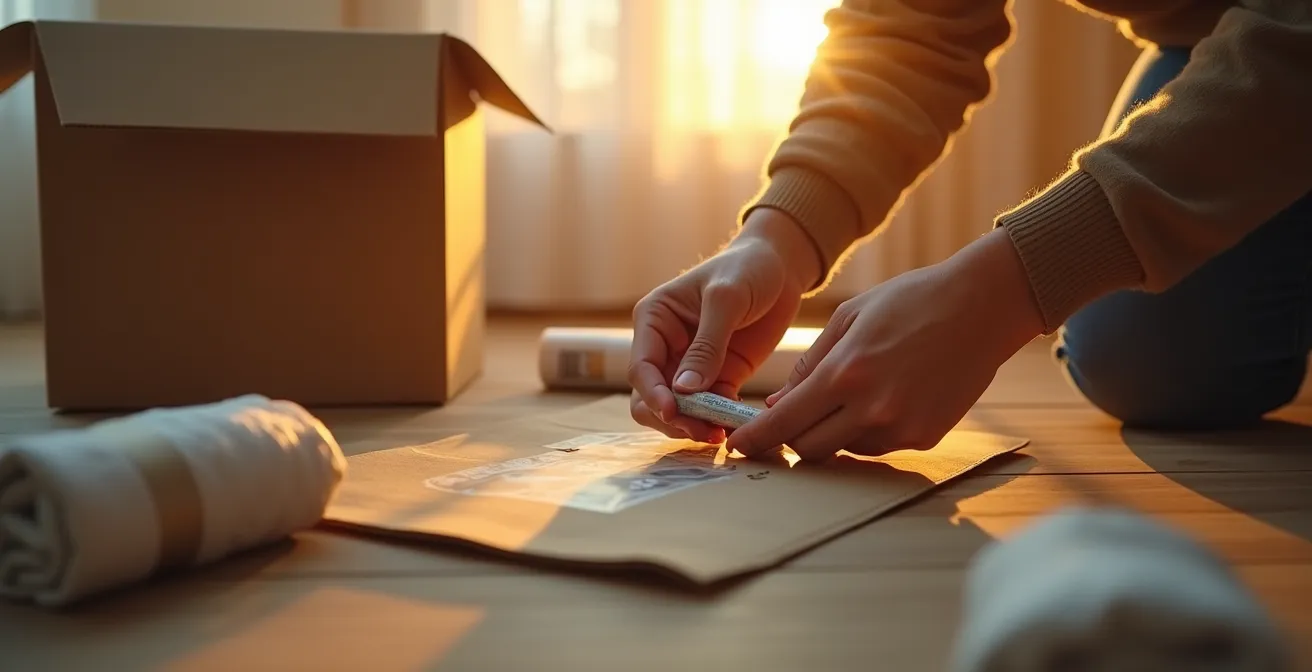 Illustration montrant une personne préparant soigneusement des cartons optimisés avec démontage de meubles et housses sous vide