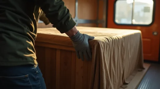 Un professionnel du déménagement enveloppant soigneusement un meuble en bois précieux avec des protections spécifiques comme une couverture matelassée et des coins en mousse dans un camion de déménagement propre.
