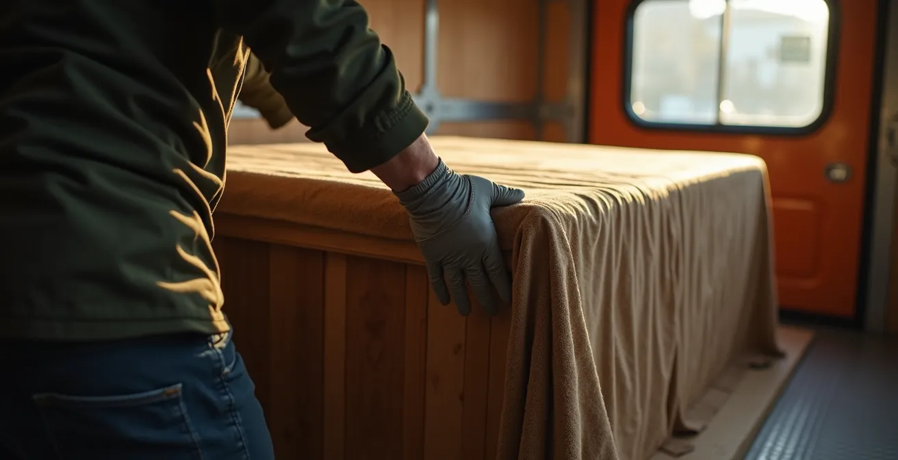 Un professionnel du déménagement enveloppant soigneusement un meuble en bois précieux avec des protections spécifiques comme une couverture matelassée et des coins en mousse dans un camion de déménagement propre.